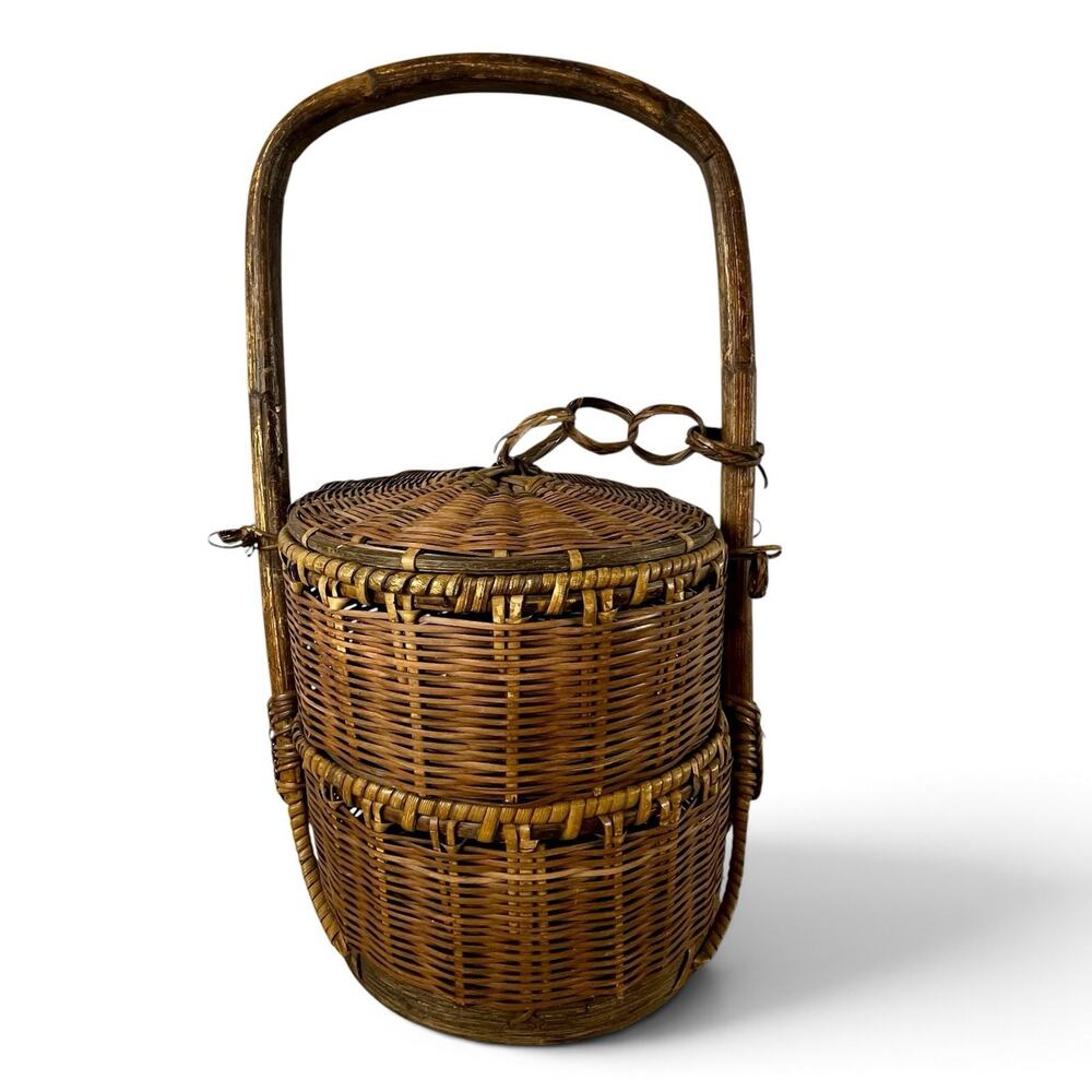 Vintage Chinese Wedding Basket 2 Tier Woven Bamboo Rattan Tiffin Carrier Lid